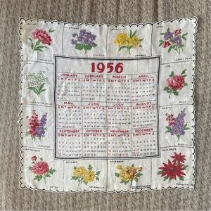 Vintage 1956 Handkerchief Calendar With Flowers Scalloped Edges